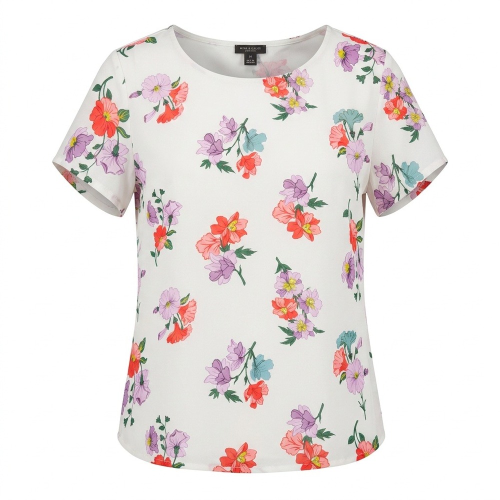 Ann Taylor Factory Floral Mixed Media Short Sleeve Blouse White MP Petite